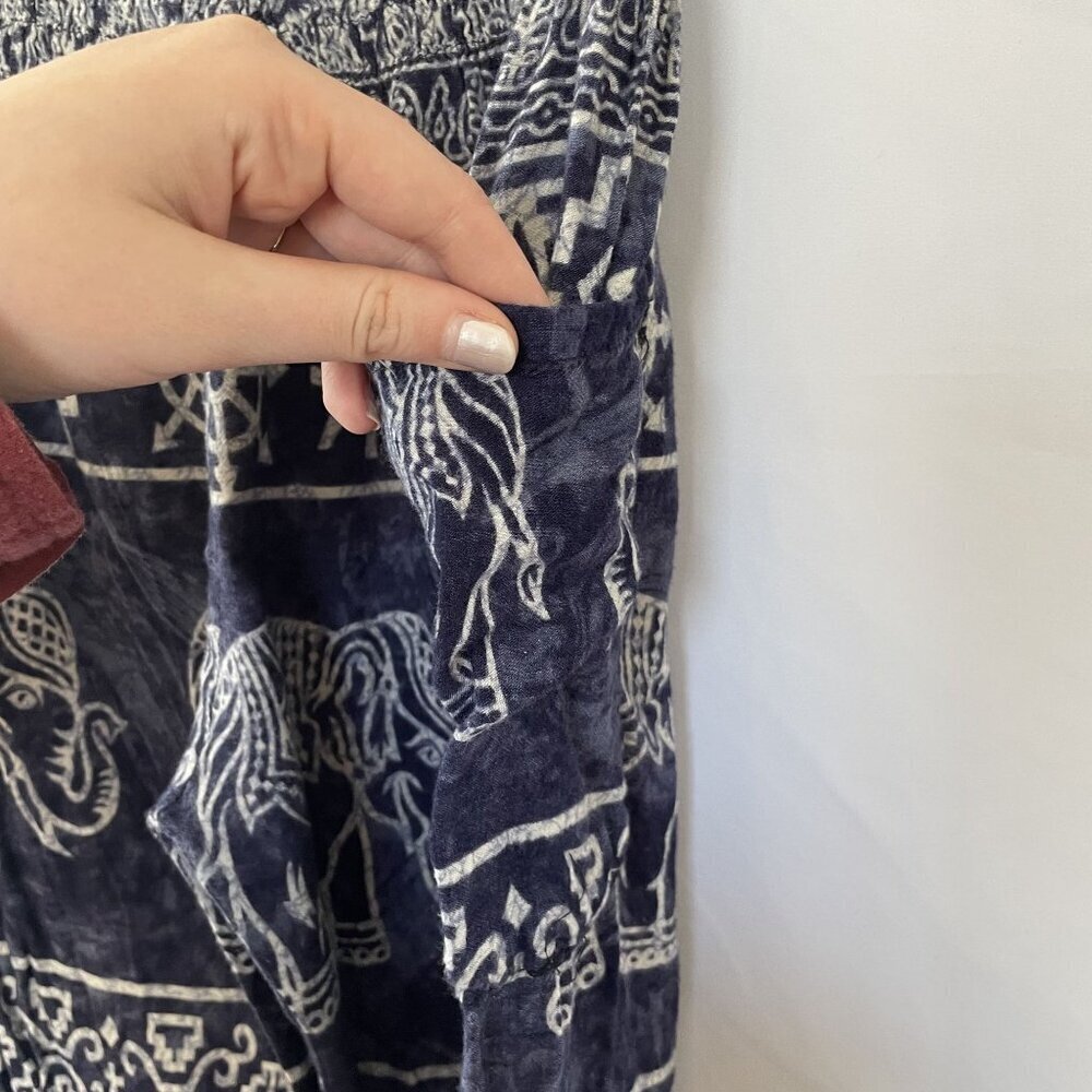 Bohemian Elephant Print Rayon Pants With Elastic Waist & Pockets Navy & White M - Picture 3 of 7